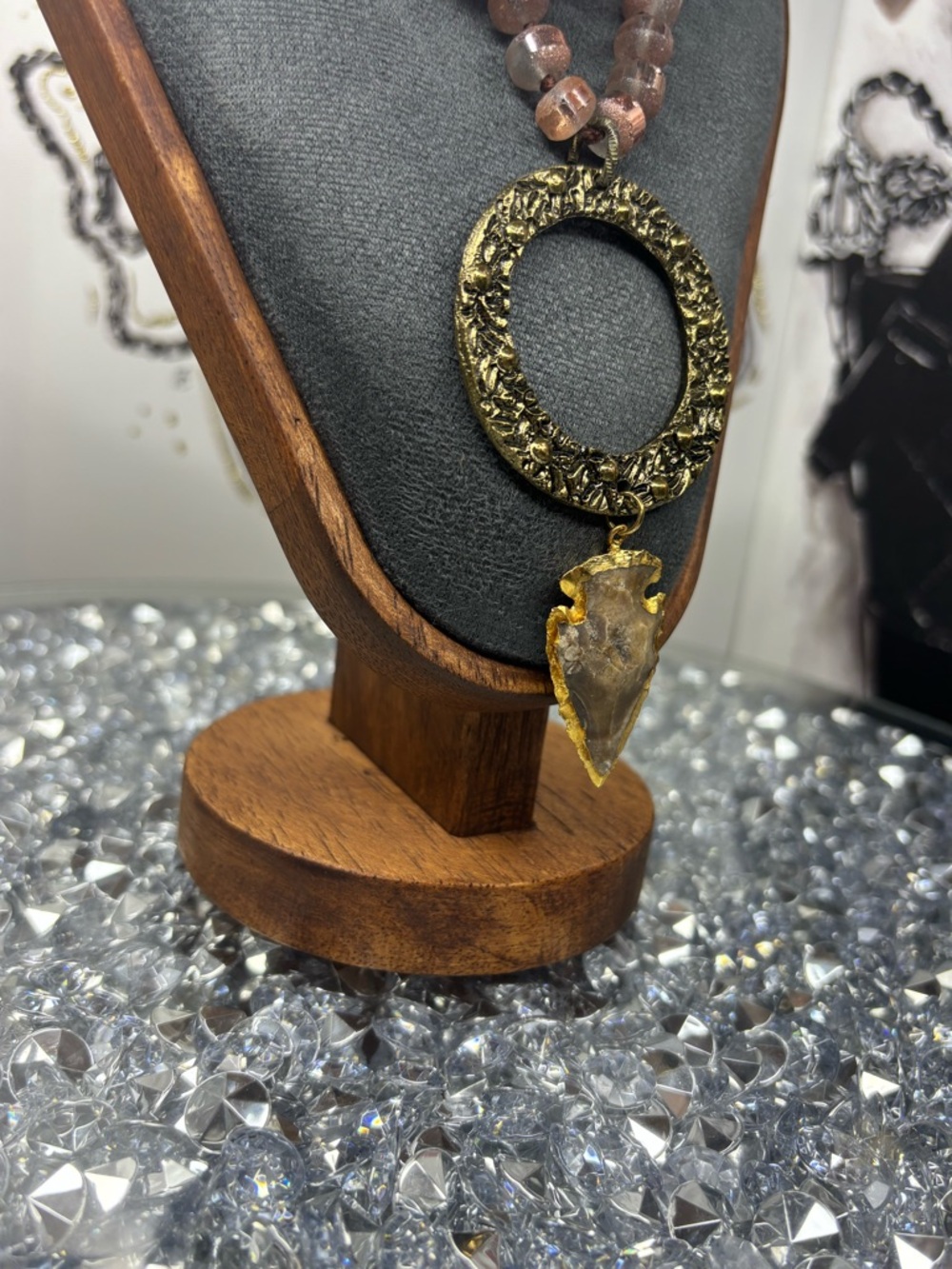 Rose Gold tiger's eye beaded Necklace with Ornate Gold Circle Pendant - Picture 4 of 8
